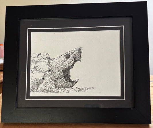 Original framed pen and ink artwork of an alligator snapping turtle by Gene Irvin, featuring intricate stippling, rugged reptilian texture, and wildlife-inspired black and white detailing.