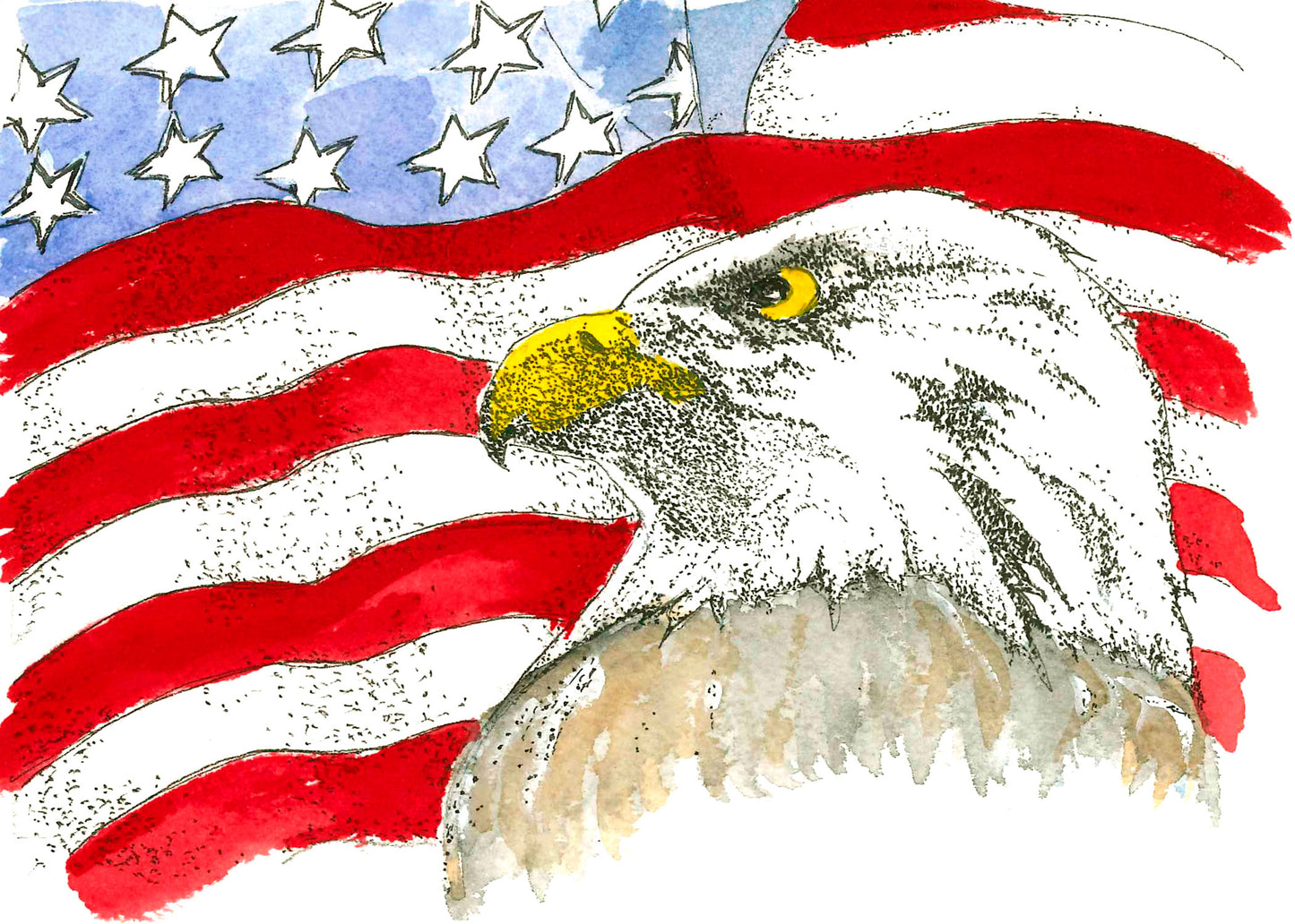 Bald Eagle standing before an American flag β pen, ink, and watercolor illustration by Gene Irvin β white-headed eagle with alert gaze, stars and stripes in background, signed patriotic wildlife art