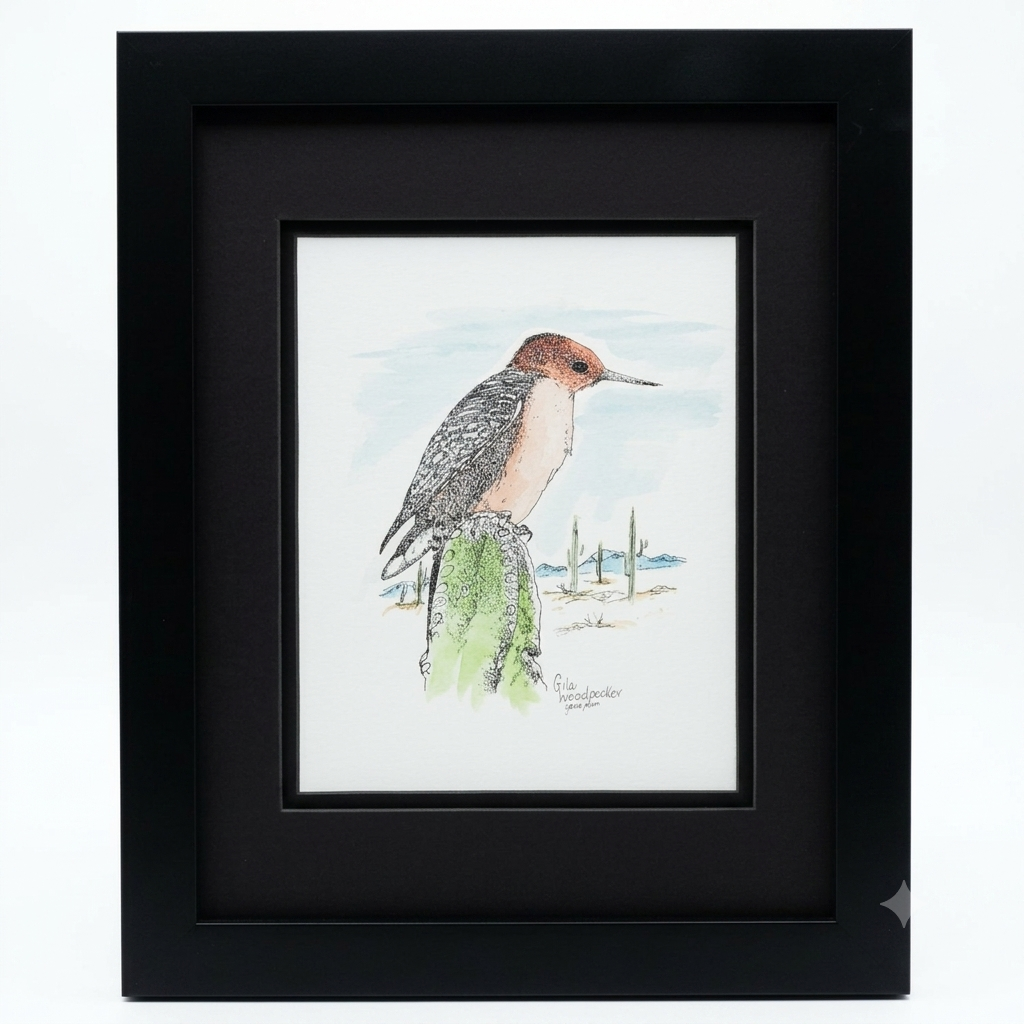 Original Gila Woodpecker pen and ink drawing by Gene Irvin — bird perched on saguaro cactus with Arizona desert landscape, stippling with watercolor wash, double matted in black frame, 13×16", ready to hang. Signed "Gila Woodpecker, Gene Irvin."
