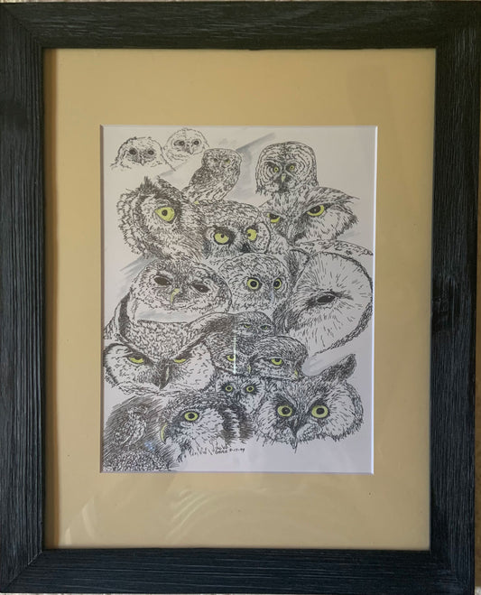 Owls Heads Collage Framed - Gene's Pen & Ink