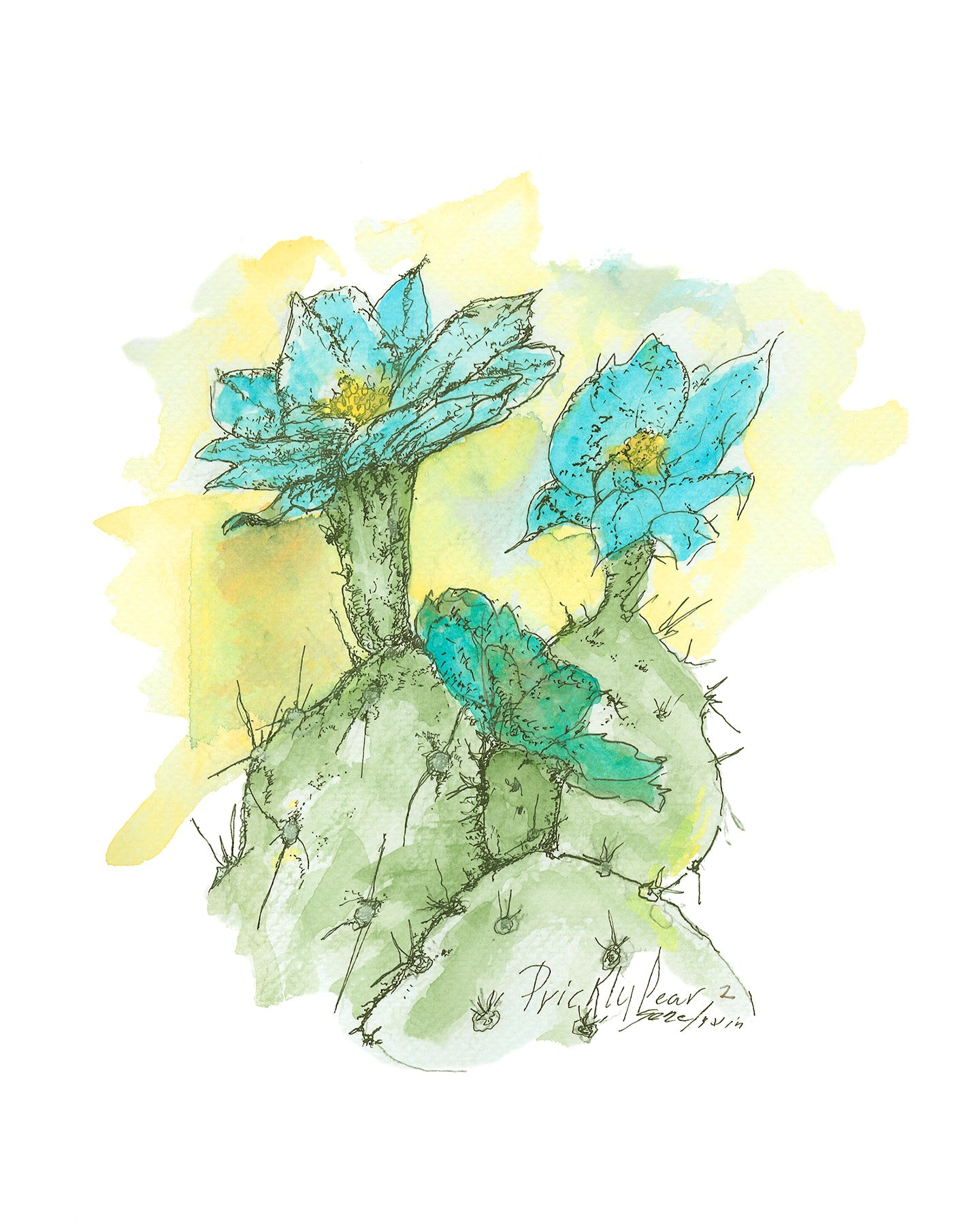 Prickly Pear Cactus Flower Blue Original - Gene's Pen & Ink