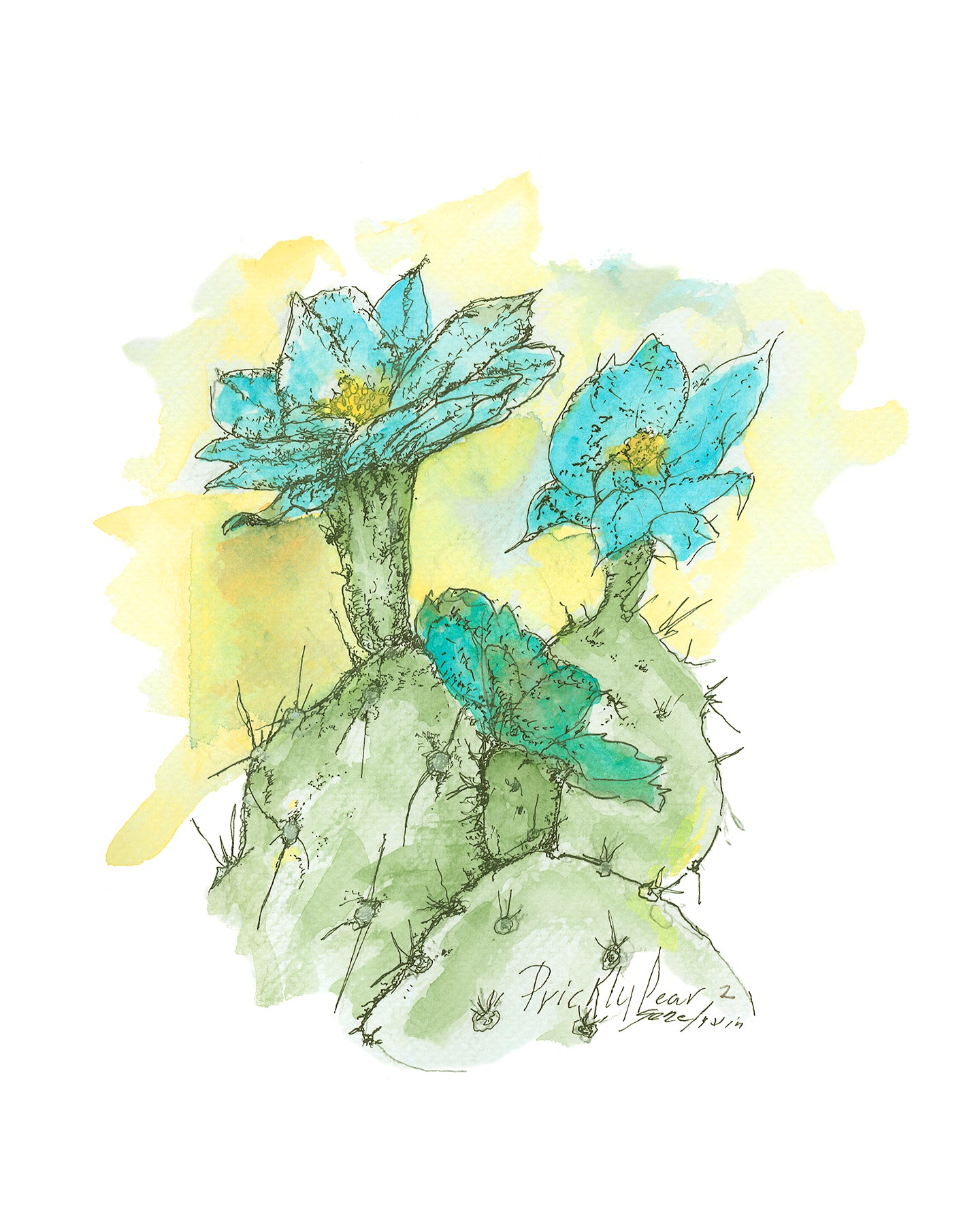 Prickly Pear Cactus Flower Blue watercolor and pen and ink illustration by Gene Irvin — a prickly pear cactus with paddle-shaped pads topped by an imaginative cool blue bloom, luminous watercolor washes with fine pen line work defining the spines, an artistic reinterpretation, signed by the artist