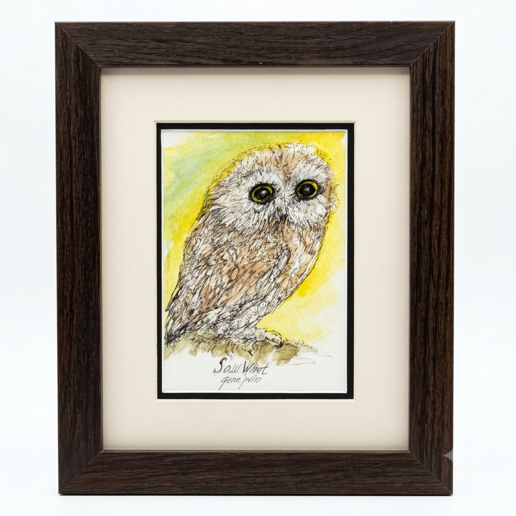 Original 5x7 framed illustration of a Saw-Whet owl with realistic dark eyes by Arizona wildlife artist Gene.