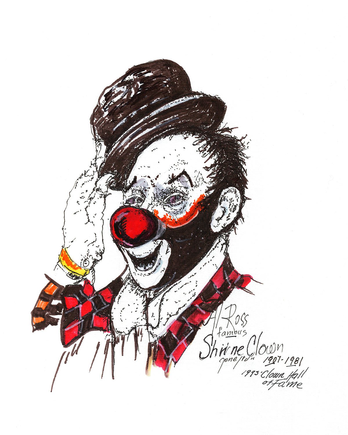 Al Ross Shrine Clown tribute pen & ink greeting card by Arizona artist Gene Irvin (1934–2026). Circus portrait art. Ships First Class from Arizona.
