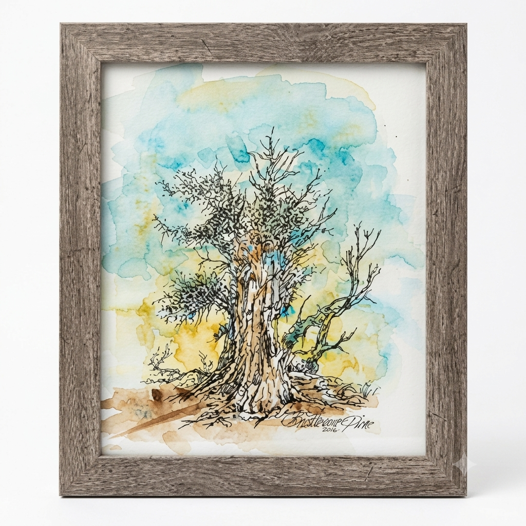 Ancient Bristlecone Pine original watercolor and ink illustration by Gene Irvin — loose gestural portrait of a massive Ancient Bristlecone Pine with deeply furrowed gnarled trunk and sparse twisted branches rendered in dense ink line work against soft blue, green, and golden watercolor washes evoking a high-altitude mountain sky, rustic grey barnwood frame, 8x10 inch artwork, 9.5x11.5 inches overall, ready to hang