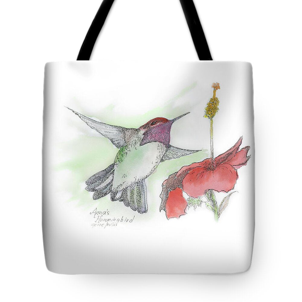 Anna's Hummingbird tote bag — pen, ink, and watercolor illustration by Gene Irvin — male Anna's hummingbird with iridescent crimson-red crown and throat, signed wildlife art