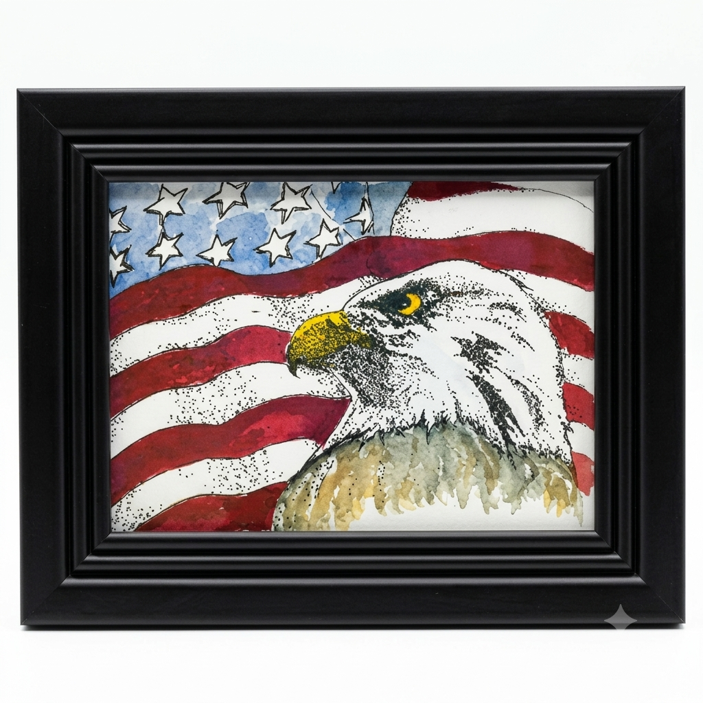 Bald Eagle and American Flag framed art print by Gene Irvin — bold pen, ink, and watercolor portrait of a Bald Eagle head with yellow beak and golden eye in the foreground against a waving American flag with red stripes and white stars, black ridged wood frame, 5x7 print, 9.125x7 inches overall, ready to hang