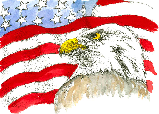 Bald Eagle and American Flag pen, ink, and watercolor illustration by Gene Irvin — detailed stippling portrait of a Bald Eagle with yellow beak and golden eye set against a waving American flag with bold red watercolor stripes and blue field of white stars, signed by the artist