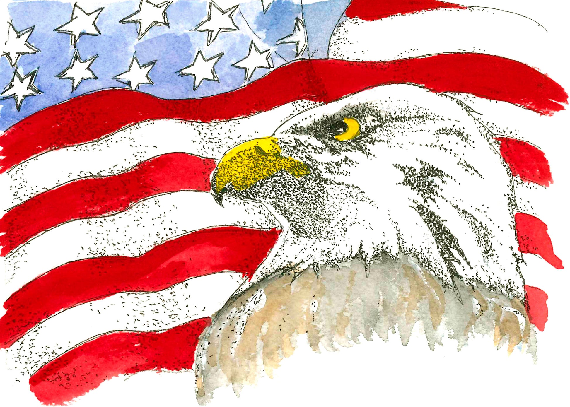Bald Eagle standing before an American flag — pen, ink, and watercolor illustration by Gene Irvin — white-headed eagle with alert gaze, stars and stripes in background, signed patriotic wildlife art