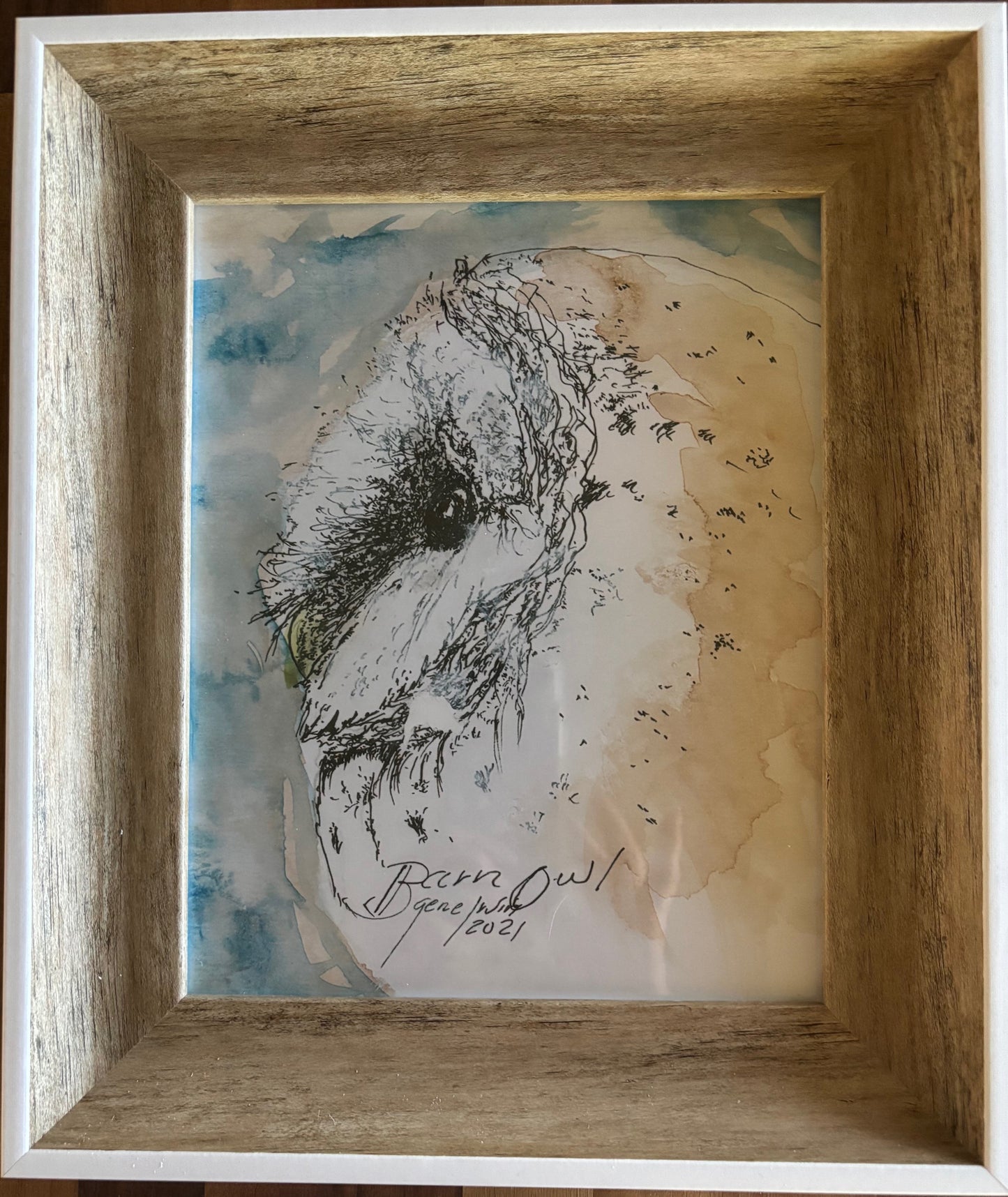 Barn Owl framed art print by Gene Irvin, 2021 — loose gestural ink and watercolor portrait of a Barn Owl face with blue and warm tan washes, displayed in a rustic driftwood-style wood frame, 8x10 print, 11.25x23.25 inches overall, ready to hang