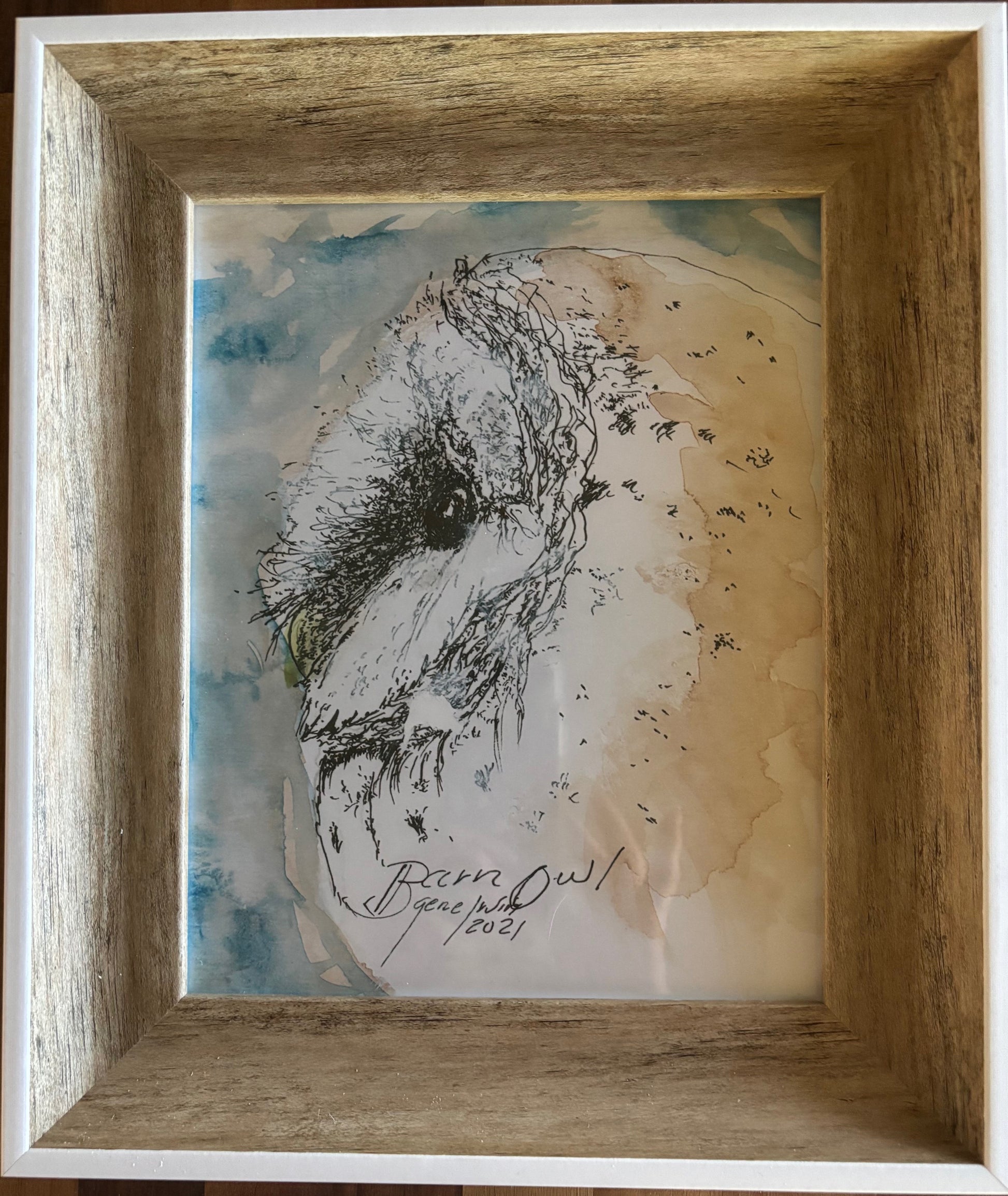 Barn Owl framed art print by Gene Irvin, 2021 — loose gestural ink and watercolor portrait of a Barn Owl face with blue and warm tan washes, displayed in a rustic driftwood-style wood frame, 8x10 print, 11.25x23.25 inches overall, ready to hang