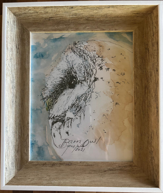 Barn Owl framed art print by Gene Irvin, 2021 — loose gestural ink and watercolor portrait of a Barn Owl face with blue and warm tan washes, displayed in a rustic driftwood-style wood frame, 8x10 print, 11.25x23.25 inches overall, ready to hang