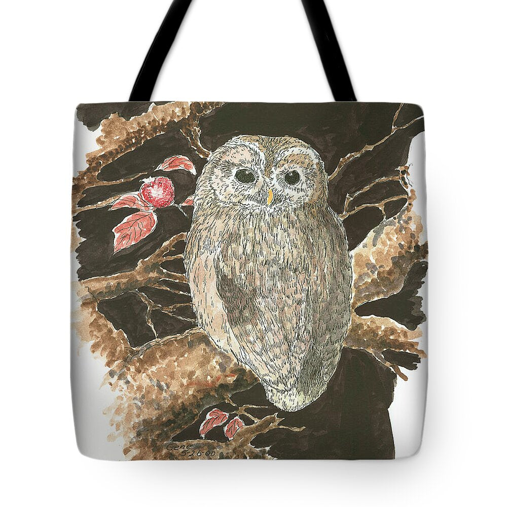 Barred Owl tote bag featuring pen, ink, and watercolor illustration by Gene Irvin — barred owl perched in dark woodland branches with red berries, mottled brown and white plumage, dark eyes, black canvas handles