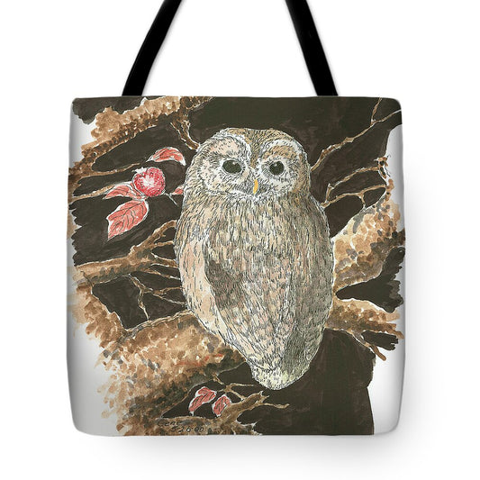Barred Owl tote bag featuring pen, ink, and watercolor illustration by Gene Irvin — barred owl perched in dark woodland branches with red berries, mottled brown and white plumage, dark eyes, black canvas handles