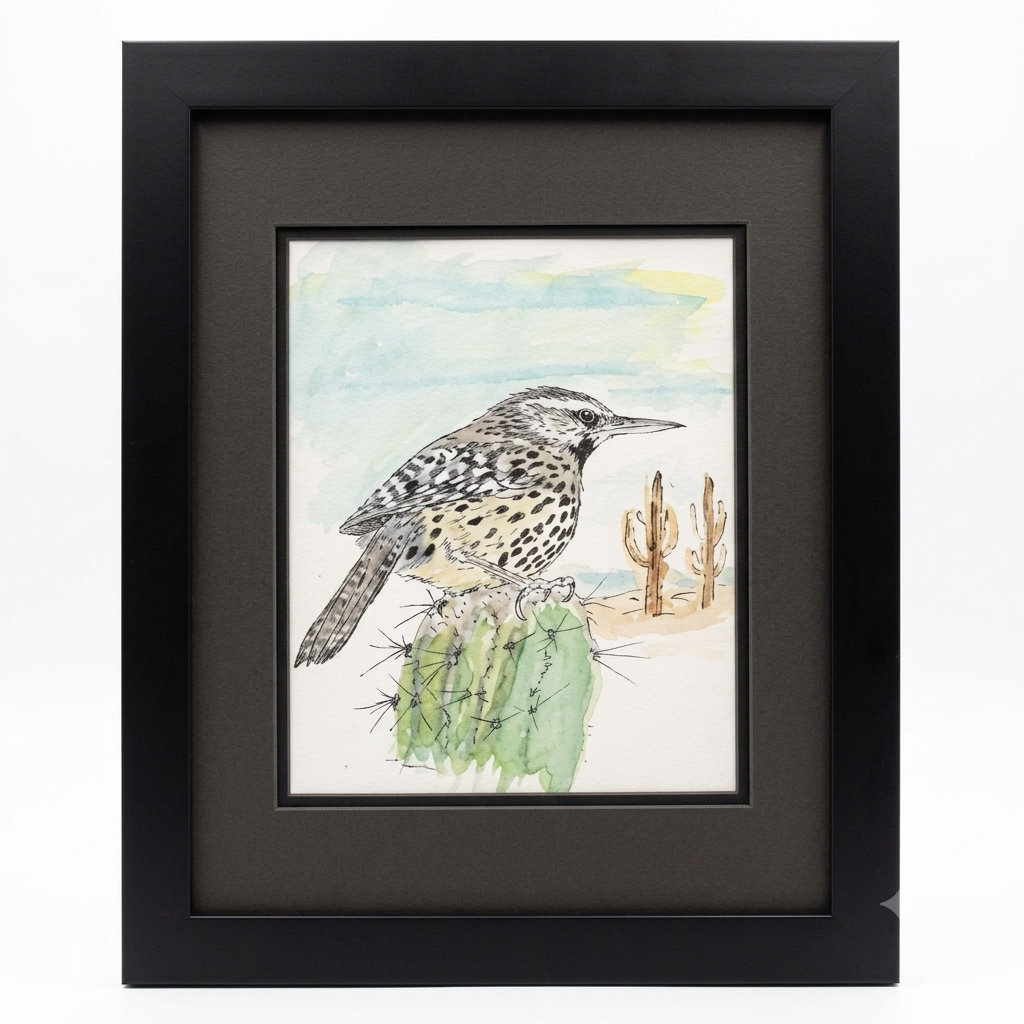 Original Cactus Wren pen and ink drawing by Gene Irvin — Arizona state bird perched on prickly pear cactus with desert saguaro landscape, watercolor wash, double matted in black frame, 16×13", ready to hang.