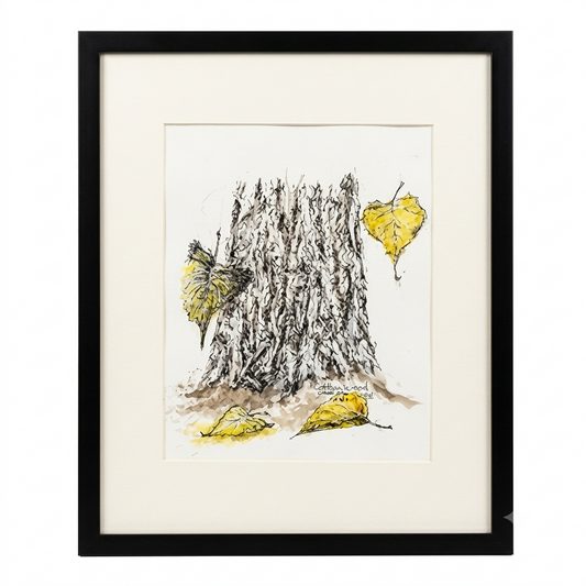 Original cottonwood tree trunk drawing by Gene Irvin, pen and ink with green watercolor wash, black frame with white mat, 12×15", ready to hang.
