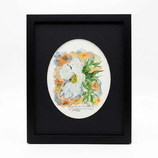 Flatbud Prickly Poppy original watercolor and ink illustration by Gene Irvin, 2021 — loose gestural portrait of a large white Flatbud Prickly Poppy bloom with yellow center stamens and a spiny green bud alongside, against warm orange and blue watercolor washes, oval cream mat on black background, dark wood frame, 8x10 inch artwork, 12.375x15.5 inches overall, ready to hang