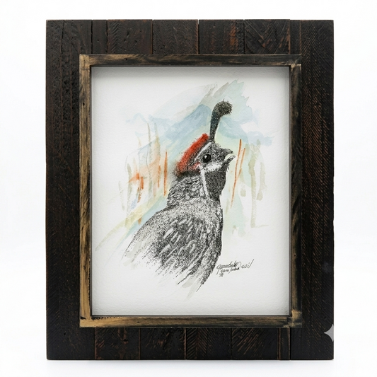 Gambel Quail framed art print by Gene Irvin, 2018 — dense ink stippling close-up portrait of a Gambel Quail looking upward with jaunty black topknot plume, rusty-red crown, white eye stripe, and dense stippled body plumage against a loose blue, orange, and tan desert watercolor wash, rustic barnwood-style wood frame, 8x10 inch print, 11.25x13.25 inches overall, ready to hang
