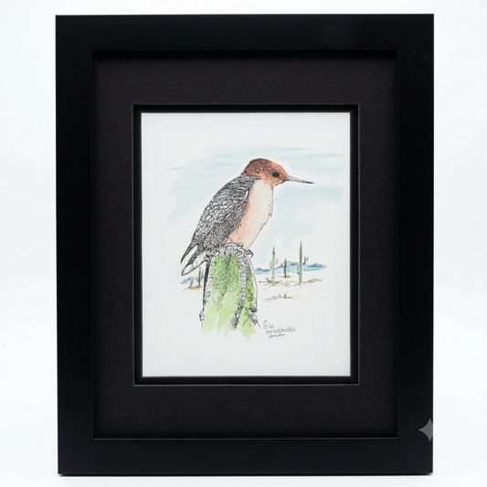 Original Gila Woodpecker pen and ink drawing by Gene Irvin — bird perched on saguaro cactus with Arizona desert landscape, stippling with watercolor wash, double matted in black frame, 13×16", ready to hang. Signed "Gila Woodpecker, Gene Irvin."