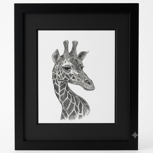 Giraffe Portrait Black-and-White framed Giclée print by Gene Irvin — meticulous ink stippling close-up portrait of a Reticulated Giraffe head and neck in three-quarter profile with distinctive reticulated pattern, soft dark eye, and ossicones against a white background, sleek black wood frame with black double mat, 11x14 inch print, 15x20 inches overall, ready to hang