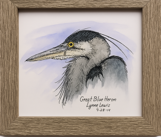 Great Blue Heron framed art print by Gene Irvin, 2011 — dense ink stippling close-up portrait of a Great Blue Heron head with piercing golden eye, long dagger beak, black crown stripe, and loose shaggy plume feathers against a soft blue-grey watercolor wash, rustic driftwood-style wood frame, 5x7 inch print, 8.5x6.5 inches overall, ready to hang