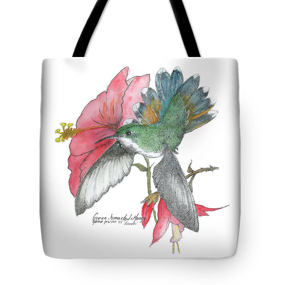 Green-Breasted Mango Hummingbird tote bag — pen, ink, and watercolor illustration by Gene Irvin — male hummingbird with brilliant emerald-green plumage, signed wildlife art