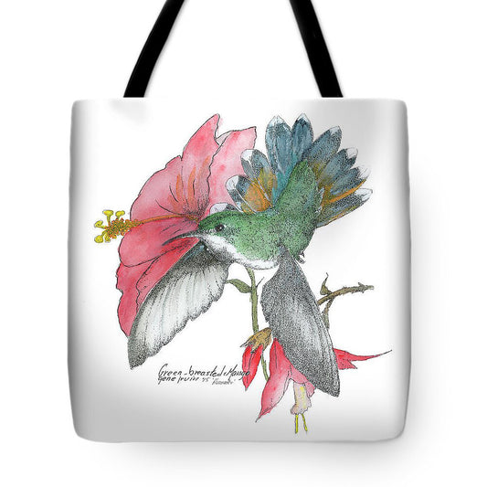 Green-Breasted Mango Hummingbird tote bag — pen, ink, and watercolor illustration by Gene Irvin — male hummingbird with brilliant emerald-green plumage, signed wildlife art