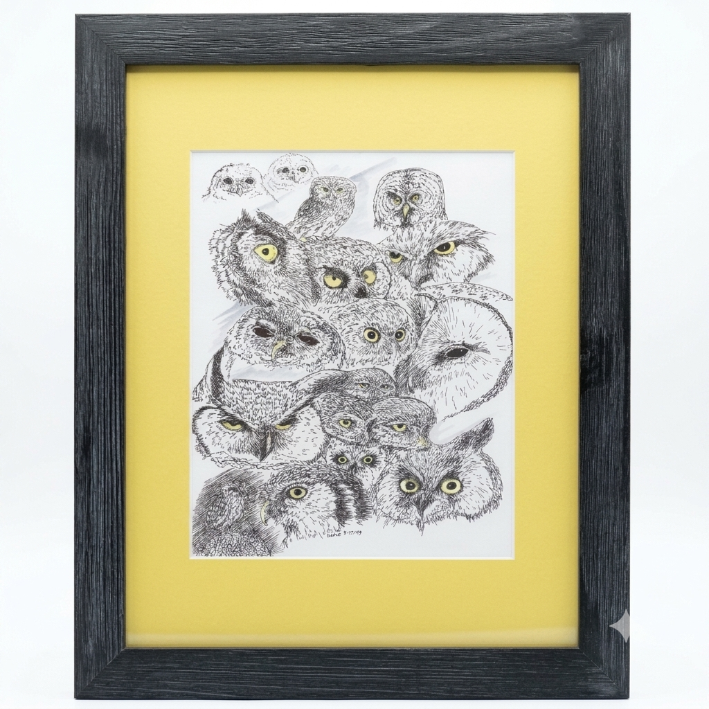 Hidden Owls Eyes framed art print by Gene Irvin — pen and ink collage of multiple owl faces with yellow eyes, matted and displayed in a dark wood frame, 12x15 inches