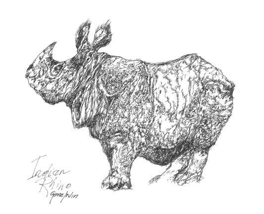 Indian Rhino pen and ink illustration with watercolor washes by Gene Irvin — a one-horned Indian rhinoceros with deep armor-like skin folds and riveted hide, dense layered pen line work with warm grey-brown watercolor tones, signed by the artist