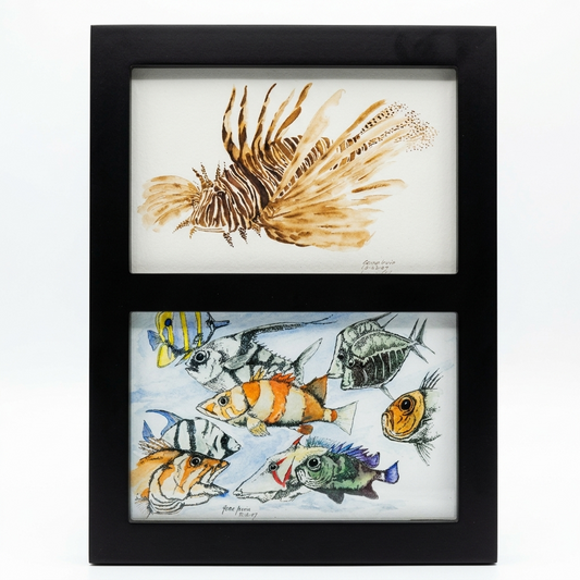 Two framed Giclée prints by Gene Irvin in a black double frame — sepia lionfish on top, colorful school of tropical fish below, 7×9.25", ready to hang.