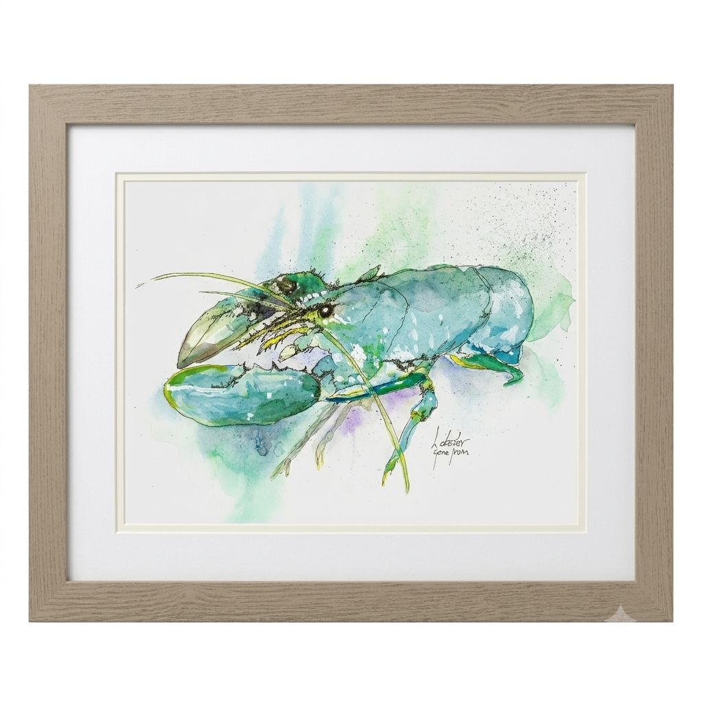 Original lobster pen and ink drawing by Gene Irvin, matted and framed in a natural wood frame, ready to hang — teal and green watercolor wildlife art.