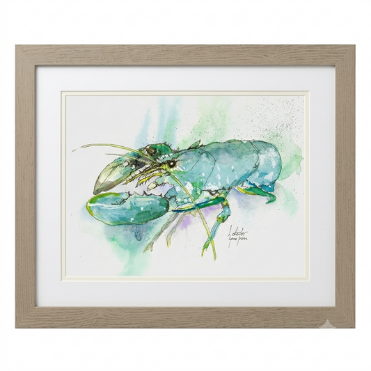 Original lobster pen and ink drawing by Gene Irvin, matted and framed in a natural wood frame, ready to hang — teal and green watercolor wildlife art.