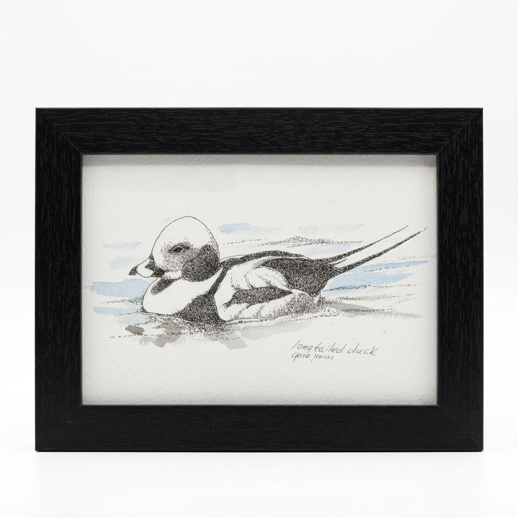 A fine art wildlife print of a male long-tailed duck in winter plumage, rendered in black ink stippling with pale blue and grey watercolor washes suggesting water and ripples, signed Gene Irvin. The artwork is displayed in a matte black wood frame.