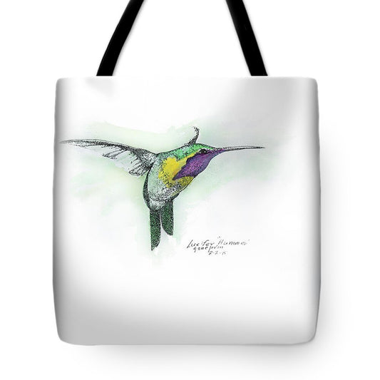 Lucifer Hummingbird tote bag — pen, ink, and watercolor illustration by Gene Irvin — male Lucifer hummingbird with iridescent purple gorget, sheartail silhouette, signed wildlife art