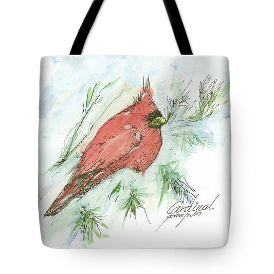 Northern Cardinal tote bag — pen, ink, and watercolor illustration by Gene Irvin — brilliant red male cardinal against winter sky, signed wildlife art