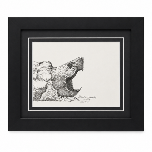 Original Alligator Snapping Turtle pen and ink stippling by Gene Irvin — side profile of the turtle's head with jaws open wide showing its sharp hooked beak, dense black-and-white stippling on white, double-matted in black in a flat black wood frame, 12×10 inches, ready to hang