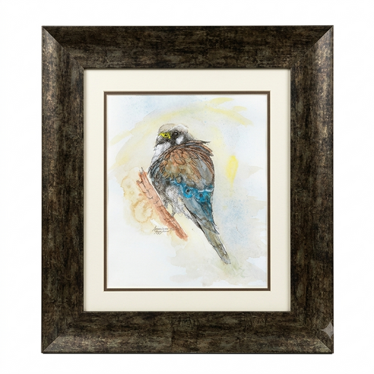 American Kestrel original watercolor and ink illustration by Gene Irvin, 2019 — loose impressionistic portrait of a female American Kestrel perched on a branch looking back over her shoulder, soft blue-grey wing plumage, warm brown back feathers, and delicate ink line work against a soft cream and yellow-green watercolor wash, ornate dark carved wood frame, cream double mat, 9x12 inch artwork, ready to hang
