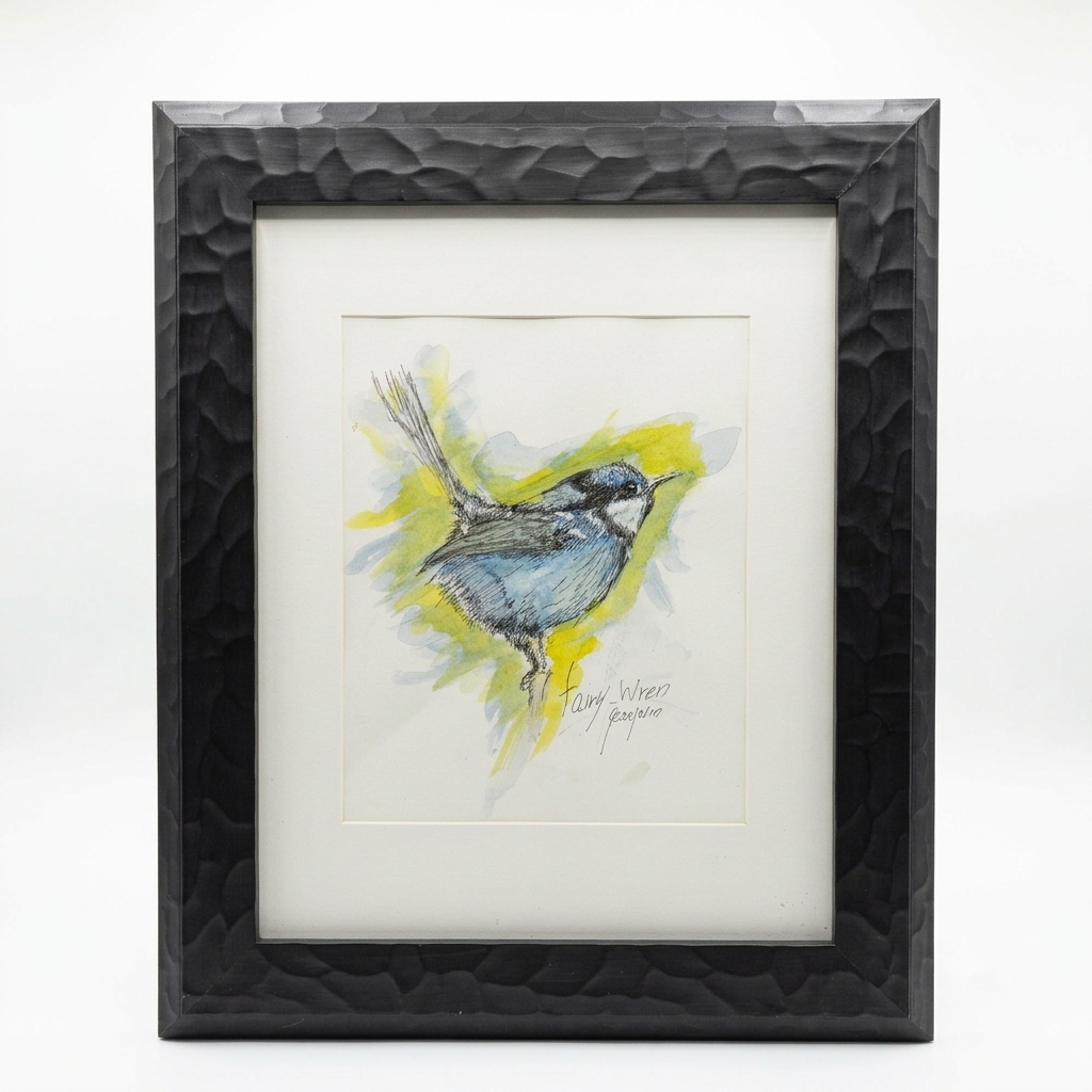 Fairy Wren original watercolor and ink illustration by Gene Irvin — blue-grey fairy wren perched on a branch with expressive ink line work and yellow-green and blue watercolor washes, white mat, black textured frame, 7.5x9.5 inch artwork, 14.5x17.5 inches overall, ready to hang