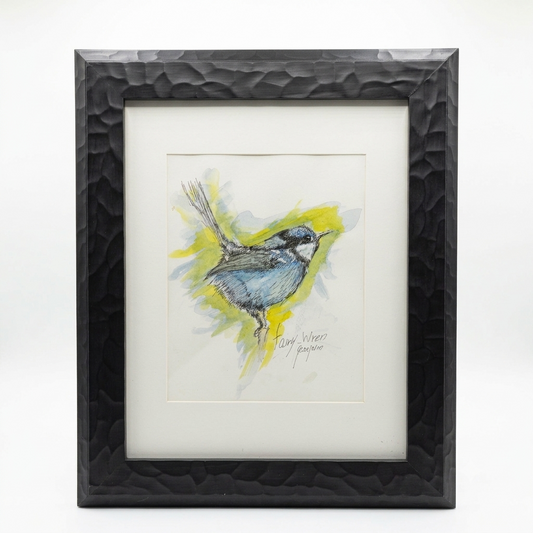 Fairy Wren original watercolor and ink illustration by Gene Irvin — blue-grey fairy wren perched on a branch with expressive ink line work and yellow-green and blue watercolor washes, white mat, black textured frame, 7.5x9.5 inch artwork, 14.5x17.5 inches overall, ready to hang