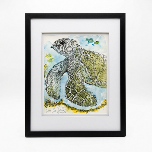 Green Sea Turtle original pen, ink, and watercolor illustration by Gene Irvin — loose gestural portrait of a Green Sea Turtle swimming with blue and green watercolor washes and detailed ink line work on the shell and flippers, white double mat, flat black frame, 9.5x7.5 inch artwork, 12x15 inches overall, ready to hang