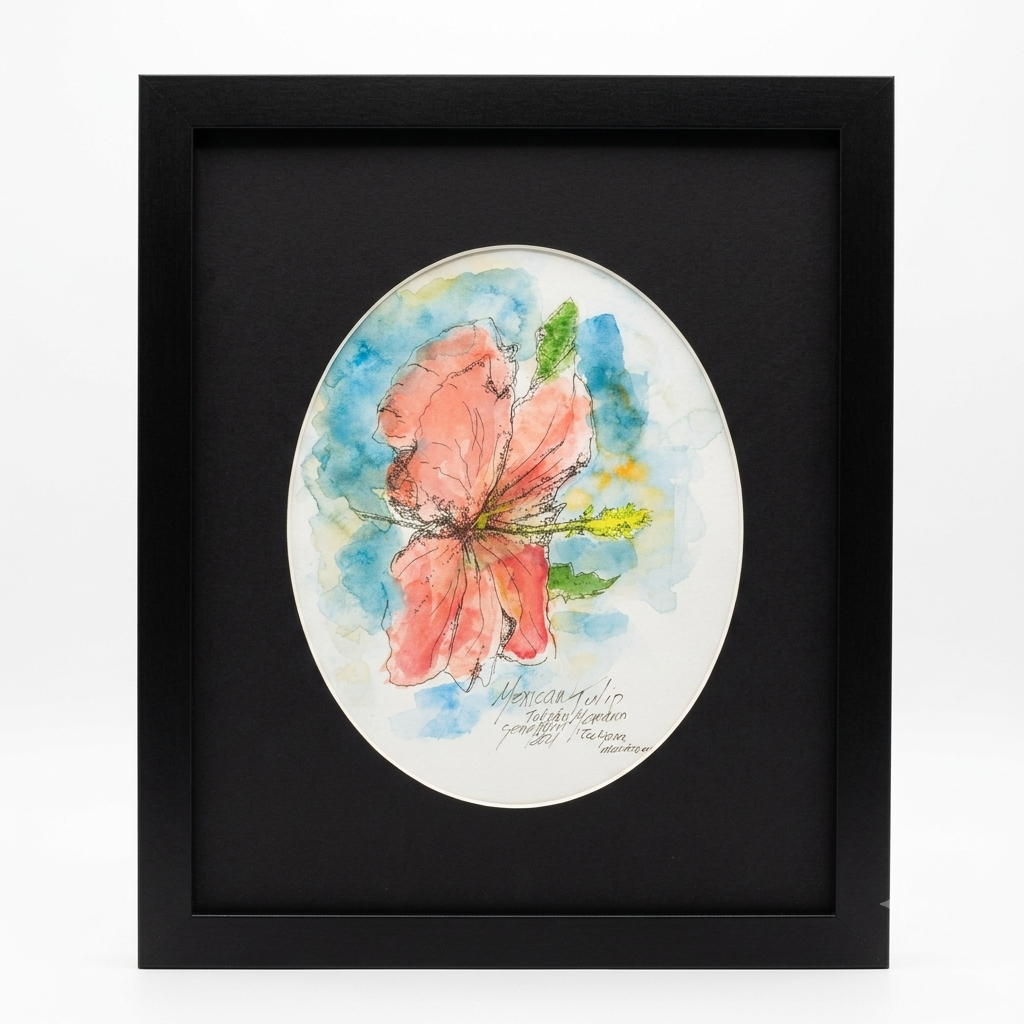 Mexican Tulip Poppy original watercolor and ink illustration by Gene Irvin, 2021 — loose gestural portrait of a large soft pink Mexican Tulip Poppy bloom with delicate ink line work and yellow-green stamens against a loose blue and teal watercolor wash, oval cream mat on black background, dark wood frame, 8x10 inch artwork, 12.375x15.5 inches overall, ready to hang