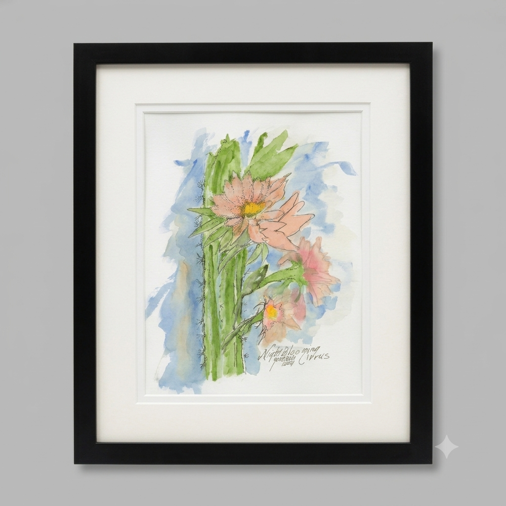 Prickly Pear Cactus Flower Yellow original watercolor and ink illustration by Gene Irvin — loose gestural portrait of a Prickly Pear cactus with two vivid yellow blooms at different stages, spiny green pads with expressive ink line work, soft blue and yellow-green watercolor wash background, white mat, dark driftwood-style wood frame, 8x10 inch artwork, 13x16 inches overall, ready to hang