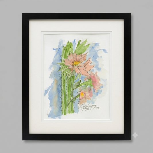 Prickly Pear Cactus Flower Yellow original watercolor and ink illustration by Gene Irvin — loose gestural portrait of a Prickly Pear cactus with two vivid yellow blooms at different stages, spiny green pads with expressive ink line work, soft blue and yellow-green watercolor wash background, white mat, dark driftwood-style wood frame, 8x10 inch artwork, 13x16 inches overall, ready to hang