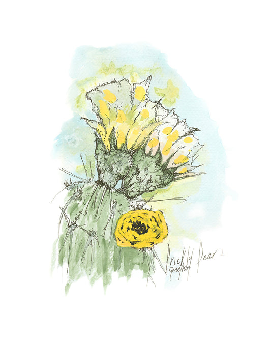 Original Prickly Pear Cactus Flower Yellow watercolor and ink illustration by Gene Irvin — expressive loose portrait of a Prickly Pear cactus with a large open yellow bloom at top and a tightly furled yellow bud below, spiny green pads with energetic ink line work, soft blue and yellow-green watercolor wash, inscribed 'Prickly Pear' and signed by the artist in Gene's own hand