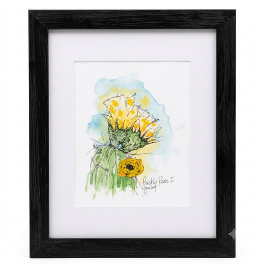 Prickly Pear Cactus Flower Yellow original watercolor and ink illustration by Gene Irvin — loose gestural portrait of a Prickly Pear cactus with two vivid yellow blooms at different stages, spiny green pads with expressive ink line work, soft blue and yellow-green watercolor wash background, white mat, dark driftwood-style wood frame, 8x10 inch artwork, 13x16 inches overall, ready to hang