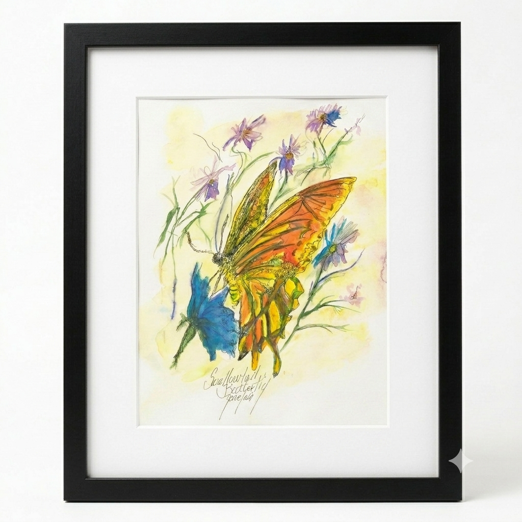 Swallowtail Butterfly original watercolor and ink illustration by Gene Irvin — loose gestural portrait of a Swallowtail Butterfly with vivid orange, yellow, red, and blue watercolor wings perched among purple wildflowers and green stems on a soft yellow background, white mat, flat black wood frame, 8x10 inch artwork, 12.375x15.5 inches overall, ready to hang