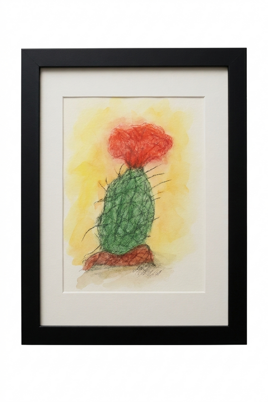 Original Thelocactus Flower watercolor and ink illustration by Gene Irvin — a green crosshatched globular cactus with long dark spines topped by a vivid red-orange bloom against a warm yellow watercolor wash, white mat in a flat black wood frame, ready to hang