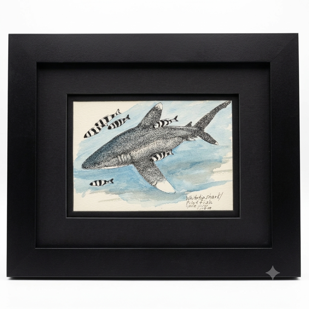 Original Oceanic Whitetip Shark & Pilot Fish pen, ink, and watercolor by Gene Irvin, signed 2009 — stippled grey shark with white-tipped fins swimming amid striped pilot fish on a soft blue ocean wash, double-matted in black in a flat black wood frame, 12×10 inches, ready to hang