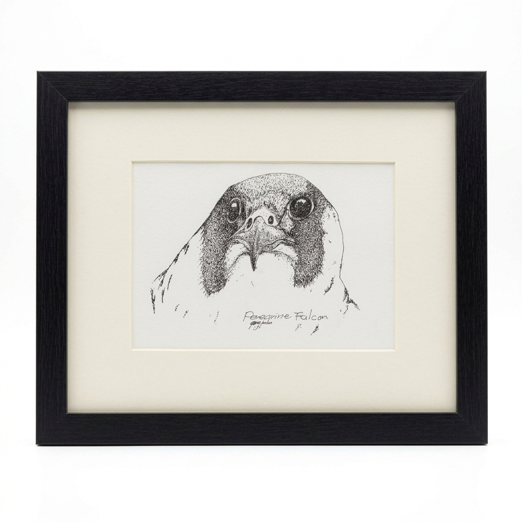 Original Peregrine Falcon close-up portrait by Gene Irvin — pen and ink stippling, direct frontal view of falcon face with dark hood, signed "Peregrine Falcon, Gene Irvin," cream mat, black frame, 11×9.25", ready to hang.