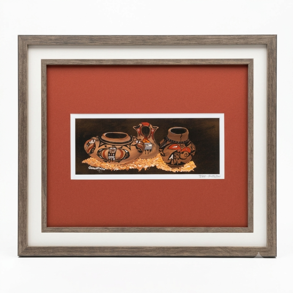 Native American pottery oil painting limited edition Giclée print by Gene Irvin, 1985 — three traditional clay vessels with geometric and figurative designs in earth tones of brown, red, and black on a dark background, displayed on a red mat with driftwood-style wood frame, 8x3 inch print, 14.5x11.625 inches overall, numbered 18/50, ready to hang
